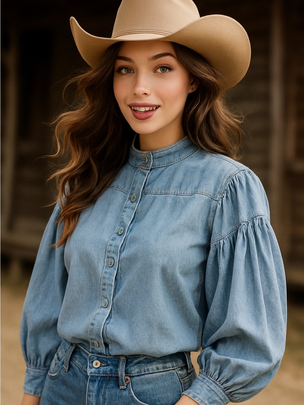 Missguided Light Blue Denim Peasant Shirt 4 Boho Western Rodeo Oversized